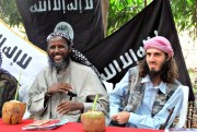 Mukhtar Robow, left, the then-deputy leader of al-Shabab, with the American-born Islamist militant Omar Hammami in southern Mogadishu, Somalia, May 11, 2011 (AP photo by Farah Abdi Warsameh).