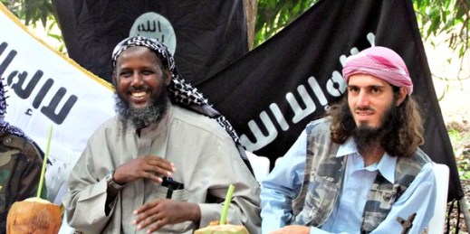 Mukhtar Robow, left, the then-deputy leader of al-Shabab, with the American-born Islamist militant Omar Hammami in southern Mogadishu, Somalia, May 11, 2011 (AP photo by Farah Abdi Warsameh).