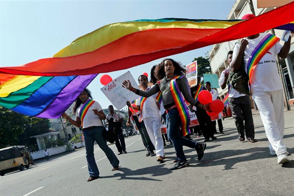 Members and supporters of Sri Lanka’s LGBT community participate in an event organized to mark World AIDS Day, Colombo, Sri Lanka, Dec. 1, 2012 (AP photo by Eranga Jayawardena).