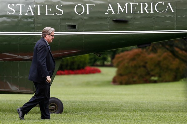 Stephen Bannon, the then-chief White House strategist to President Donald Trump, walks from Marine One on the South Lawn of the White House in Washington, May 13, 2017 (AP photo by Carolyn Kaster).