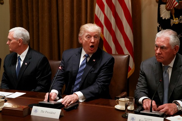 President Donald Trump, flanked by Vice President Mike Pence and Secretary of State Rex Tillerson, during a meeting with South Korean President Moon Jae-in at the White House, Washington, June 30, 2017 (AP photo by Evan Vucci).