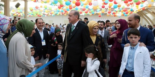 Turkish President Recep Tayyip Erdogan arrives with family members for a ceremony at a school, Istanbul, Turkey, June 2, 2017 (Presidential Press Service photo via AP).