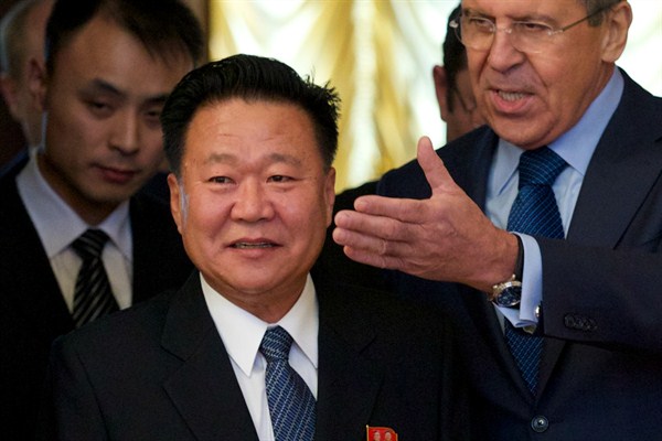 Russian Foreign Minister Sergey Lavrov welcomes North Korea’s special envoy Choe Ryong Hae during a meeting in Moscow, Russia,  Nov. 20, 2014 (AP photo by Ivan Sekretarev).