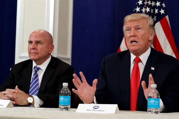 President Donald Trump, accompanied by National Security Adviser H.R. McMaster, speaks during a security briefing, Bedminster, N.J., Aug. 10, 2017 (AP photo by Evan Vucci).