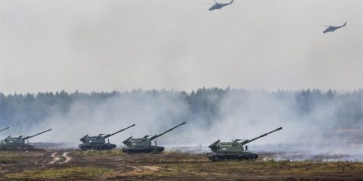 Belarusian and Russian troops take part in the Zapad 2017, or West 2017, military exercises at the Borisovsky range, Borisov, Belarus, Sept. 20, 2017 (AP photo by Sergei Grits).