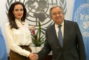 Actress Angelina Jolie, left, shakes hands with United Nations Secretary-General Antonio Guterres, U.N. headquarters, New York, Sept. 14, 2017 (AP photo by Mary Altaffer).