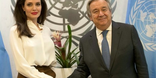Actress Angelina Jolie, left, shakes hands with United Nations Secretary-General Antonio Guterres, U.N. headquarters, New York, Sept. 14, 2017 (AP photo by Mary Altaffer).