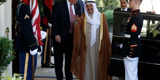 President Donald Trump greets Kuwait’s emir, Sheikh Sabah al-Ahmad al-Jaber al-Sabah, at the White House, Washington, Sept. 7, 2017 (AP photo by Carolyn Kaster).
