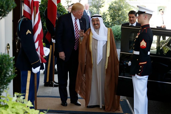 President Donald Trump greets Kuwait’s emir, Sheikh Sabah al-Ahmad al-Jaber al-Sabah, at the White House, Washington, Sept. 7, 2017 (AP photo by Carolyn Kaster).