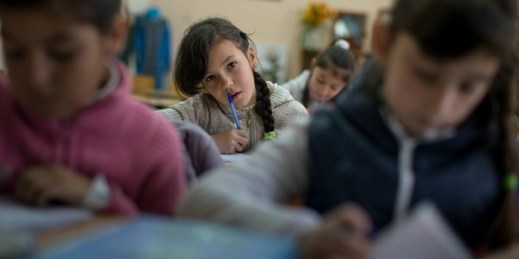 Students listen to a teacher of the Tatar language at a Tatar school, Crimea, Oct. 31, 2014 (AP photo by Alexander Zemlianichenko).