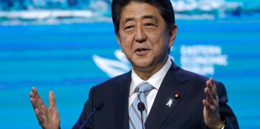 Japanese Prime Minister Shinzo Abe addresses a plenary session at the Eastern Economic Forum in Vladivostok, Russia, Sept. 7, 2017 (AP photo).