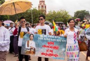 Supporters of Aung San Suu Kyi gather outside Yangon’s City Hall for her speech on the Rohingya crisis, Yangon, Myanmar, Sept. 19, 2017 (Photo by Eli Meixler).