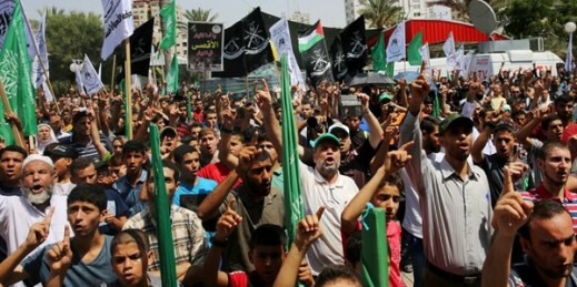 Hamas supporters chant anti-Israeli slogans during a protest at the Palestinian Legislative Council, Gaza City, July 21, 2017 (AP photo by Adel Hana).