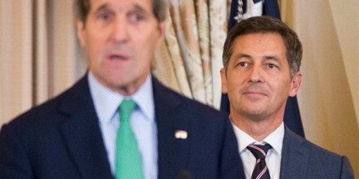 Former U.S. Secretary of State John Kerry introduces Randy Berry as the first-ever special envoy for LGBT rights, Washington, Feb. 27, 2015 (AP photo by Pablo Martinez Monsivais).