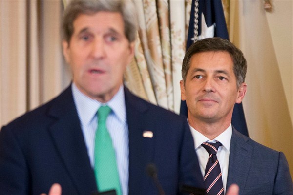 Former U.S. Secretary of State John Kerry introduces Randy Berry as the first-ever special envoy for LGBT rights, Washington, Feb. 27, 2015 (AP photo by Pablo Martinez Monsivais).
