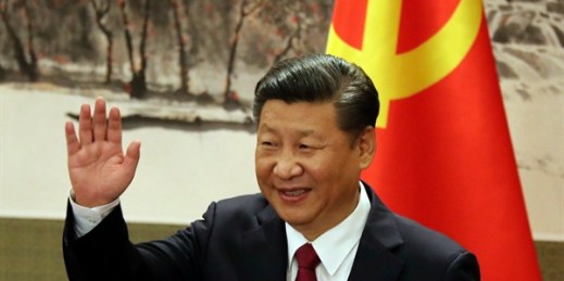 Chinese President Xi Jinping waves during a press event to introduce the new members of the Chinese Politburo in the Great Hall of the People, Beijing, Oct. 25, 2017 (AP photo by Ng Han Guan).