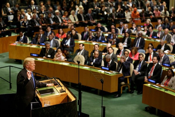 U.S. President Donald Trump speaks during the United Nations General Assembly at U.N. headquarters in New York, Sept. 19, 2017 (AP photo by Seth Wenig).