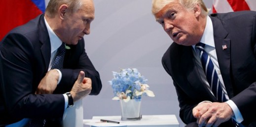 U.S. President Donald Trump meets with Russian President Vladimir Putin at the G-20 Summit, days before a U.S.-Russia-Jordan-brokered truce for southern Syria came into effect, Hamburg, Germany,  July 7, 2017 (AP photo by Evan Vucci).