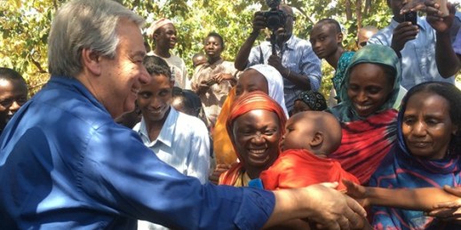 U.N. Secretary-General Antonio Guterres shakes hands with civilians at the cathedral in Bangassou, Central African Republic, Oct. 25, 2017 (AP photo by Joel Kouam).