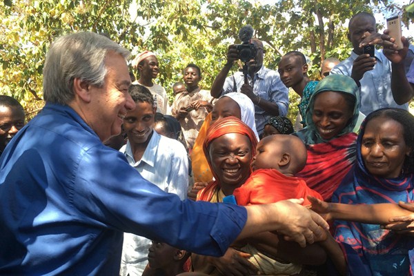 U.N. Secretary-General Antonio Guterres shakes hands with civilians at the cathedral in Bangassou, Central African Republic, Oct. 25, 2017 (AP photo by Joel Kouam).