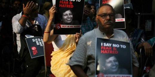 Demonstrators hold placards as they participate in a protest condemning the killing of journalist Gauri Lankesh, New Delhi, India, Sept. 7, 2017 (AP photo by Altaf Qadri).