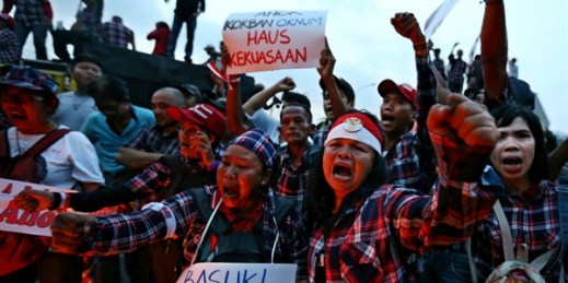 Supporters of former Jakarta Governor Basuki “Ahok” Tjahaja Purnama shout slogans during a rally after a court sentenced him to two years in prison, Jakarta, May 9, 2017 (AP photo by Dita Alangkara).