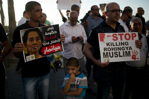 Members of the Islamic Movement in Israel, a political movement for Arab Muslims inside Israel, protest Myanmar’s treatment of the Muslim Rohingya minority, Tel Aviv, Israel, Sept. 11, 2017 (AP photo by Oded Balilty).