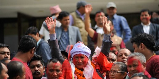 Kathmandu Metropolitan City Mayor Bidya Sundar Shakya celebrates after being elected, Kathmandu, May 28, 2017 (Sipa via AP Images).
