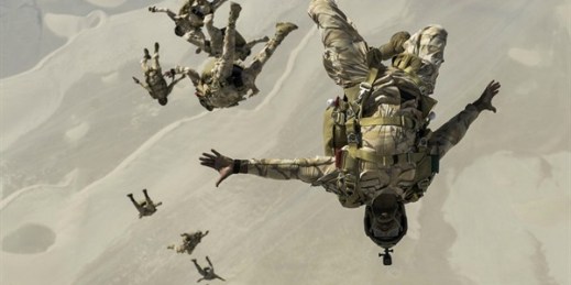 Qatari special operations personnel conduct a military free-fall Friendship Jump over Qatar, Aug. 21, 2017 (U.S. Air Force photo by Staff Sgt. Trevor T. McBride via AP).