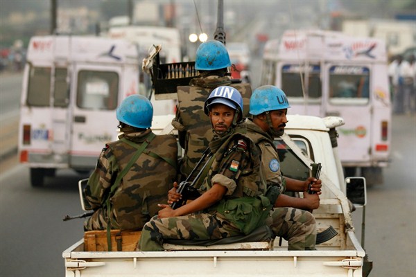 United Nations peacekeepers from Niger patrol the streets of Abidjan, Ivory Coast, Jan. 10, 2011 (AP photo by Rebecca Blackwell).