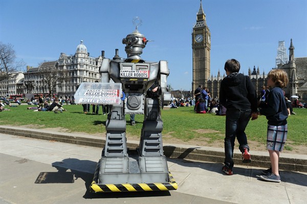 A robot in Parliament Square as part of the Campaign to Stop Killer Robots, London, April 23, 2013 (Press Association via AP Images).