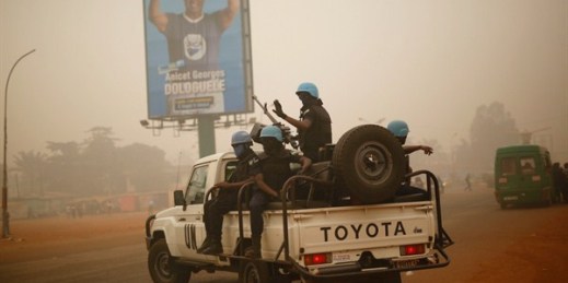 U.N. forces from Rwanda patrol the streets of Bangui, Central African Republic, Feb. 12, 2016 (AP photo by Jerome Delay).