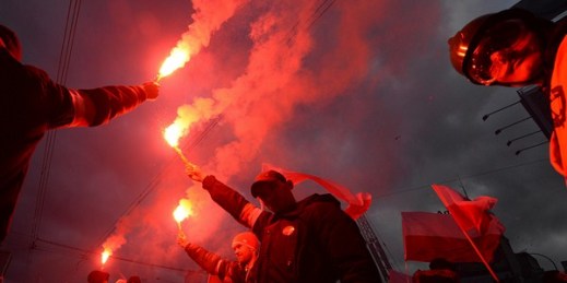 Nationalists burn flares during a march to mark Poland’s Independence Day, Warsaw, Nov. 11, 2017 (AP photo by Czarek Sokolowski). The march suggests Poland is at risk of becoming the European capital of xenophobia.