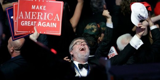 Supporters of Republican presidential candidate Donald Trump react as they watch the election results during Trump's election night rally in New York, Nov. 8, 2016 (AP photo by John Locher).