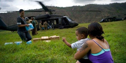 The Puerto Rican National Guard delivers food and water brought via helicopter to victims of Hurricane Maria, to the San Lorenzo neighborhood of Morovis, Puerto Rico, Oct. 7, 2017 (AP photo by Ramon Espinosa).