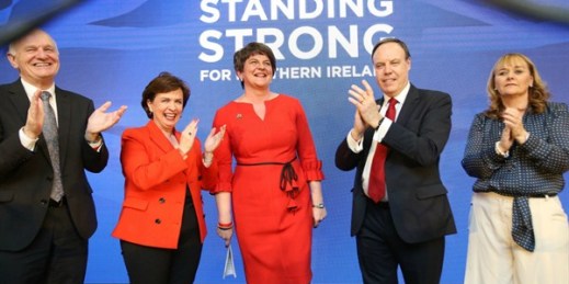 Arlene Foster, leader of the Democratic Unionist Party, center, during the party’s annual conference, Belfast, Northern Ireland, Nov. 25, 2017 (Rex Features via AP Images).