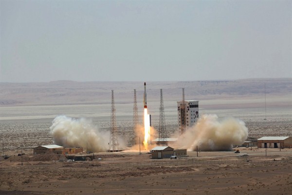 A picture released by the Iranian Defense Ministry claims to show the launch of a Simorgh satellite-carrying rocket in an undisclosed location, Iran, July 27, 2017 (Iranian Defense Ministry via AP).