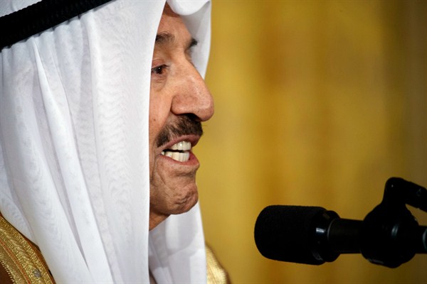 The emir of Kuwait, Sheikh Sabah al-Ahmad al-Sabah, speaks during a news conference with U.S. President Donald Trump, Washington D.C., Sept. 7, 2017 (AP photo by Evan Vucci).