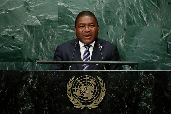 Filipe Jacinto Nyusi, president of Mozambique, speaks at the United Nations General Assembly, New York City, Sept. 21, 2016 (AP photo by Frank Franklin II).
