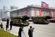 Canisters containing missiles are displayed in Kim Il Sung Square, Pyongyang, North Korea, April 12, 2017 (AP photo by Wong Maye-E).