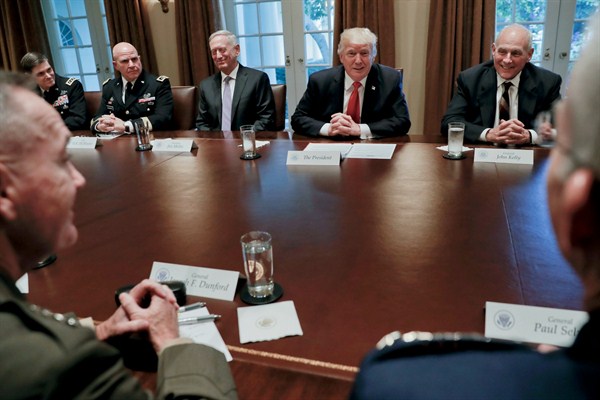 U.S. President Donald Trump listens during a briefing with senior military leaders and his national security team in the Cabinet Room of the White House, Washington, Oct. 5, 2017 (AP Photo by Pablo Martinez Monsivais).