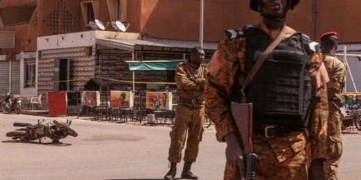 Burkina Faso troops provide security following an attack in January 2016 by Islamist extremists, one of several high-profile strikes in West Africa in recent years, Ouagadougou, Burkina Faso, Jan. 18, 2016 (AP photo by Theo Renaut).