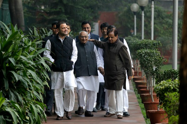 Congress party vice president Rahul Gandhi with senior party leaders arrives to file his nomination papers at the party headquarters, New Delhi, India, Dec. 4, 2017 (AP photo by Manish Swarup).