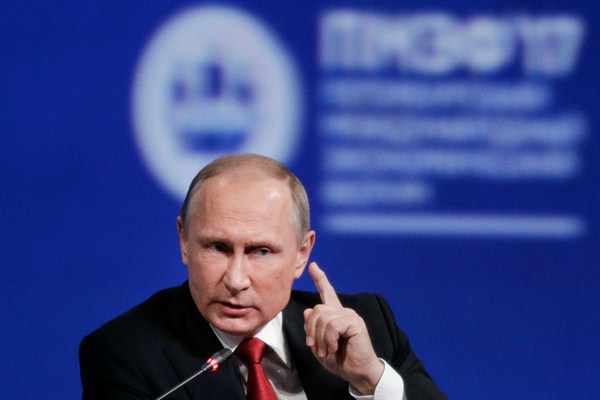 Russian President Vladimir Putin gestures as he speaks at the St. Petersburg International Economic Forum, St. Petersburg, Russia, June 2, 2017 (AP photo by Dmitry Lovetsky).