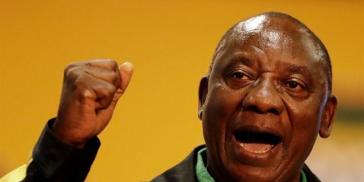 Cyril Ramaphosa addresses delegates during the closing of the conference of the African National Congress, Johannesburg, South Africa, Dec. 20, 2017 (AP photo by Themba Hadebe).