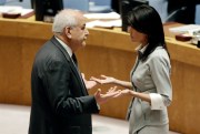 Palestinian Ambassador to the United Nations Riyad Mansour and U. S. Ambassador Nikki Haley confer before a Security Council meeting at United Nations headquarters, Dec. 8, 2017 (AP photo by Richard Drew).
