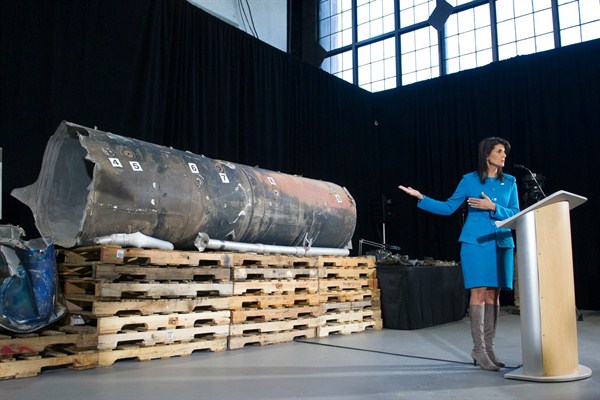 U.S. Ambassador to the U.N. Nikki Haley presents recovered segments of an Iranian rocket during a press briefing at Joint Base Anacostia-Bolling, Washington, Dec. 14, 2017 (AP photo by Cliff Owen).