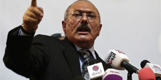 Former Yemeni President Ali Abdullah Saleh, who was killed Dec. 4, speaks during a ceremony marking the 30th anniversary of his General People’s Congress party, Sanaa, Yemen, Sept. 3, 2012 (AP photo by Hani Mohammed).