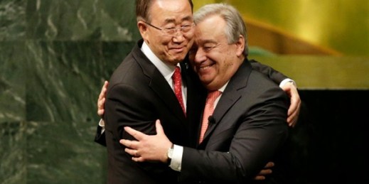 Ban Ki-moon hugs his successor as U.N. secretary-general, Antonio Guterres, at Guterres’ swearing-in ceremony, Dec. 12, 2016 (AP photo by Seth Wenig).