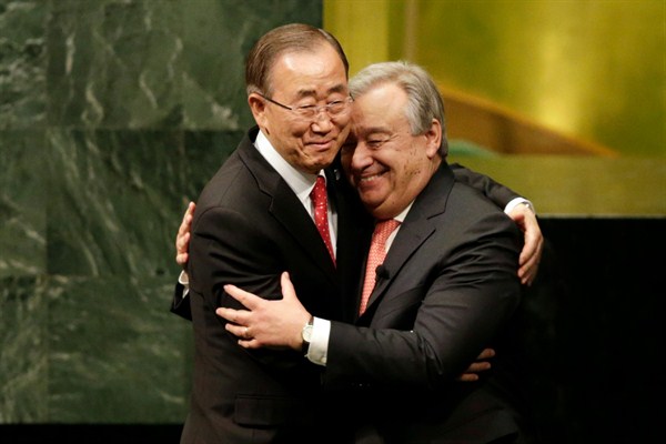 Ban Ki-moon hugs his successor as U.N. secretary-general, Antonio Guterres, at Guterres’ swearing-in ceremony, Dec. 12, 2016 (AP photo by Seth Wenig).